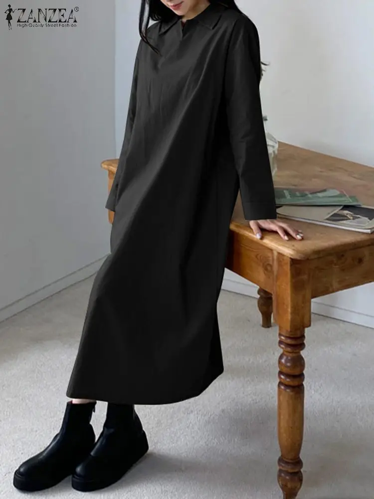 

2022 Spring Lapel Elegant Robe Longue Casual Women Solid Dress ZANZEA Oversize Long Sleeve Vestido Fashion OL Spilt Maxi Dresses