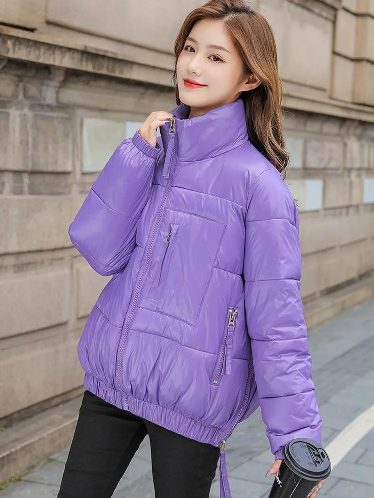 2022 New Winter Women Short Parkas Jackets Casual Thin Warm Stand Collar Solid Winter Coat Women Clothes Outwear