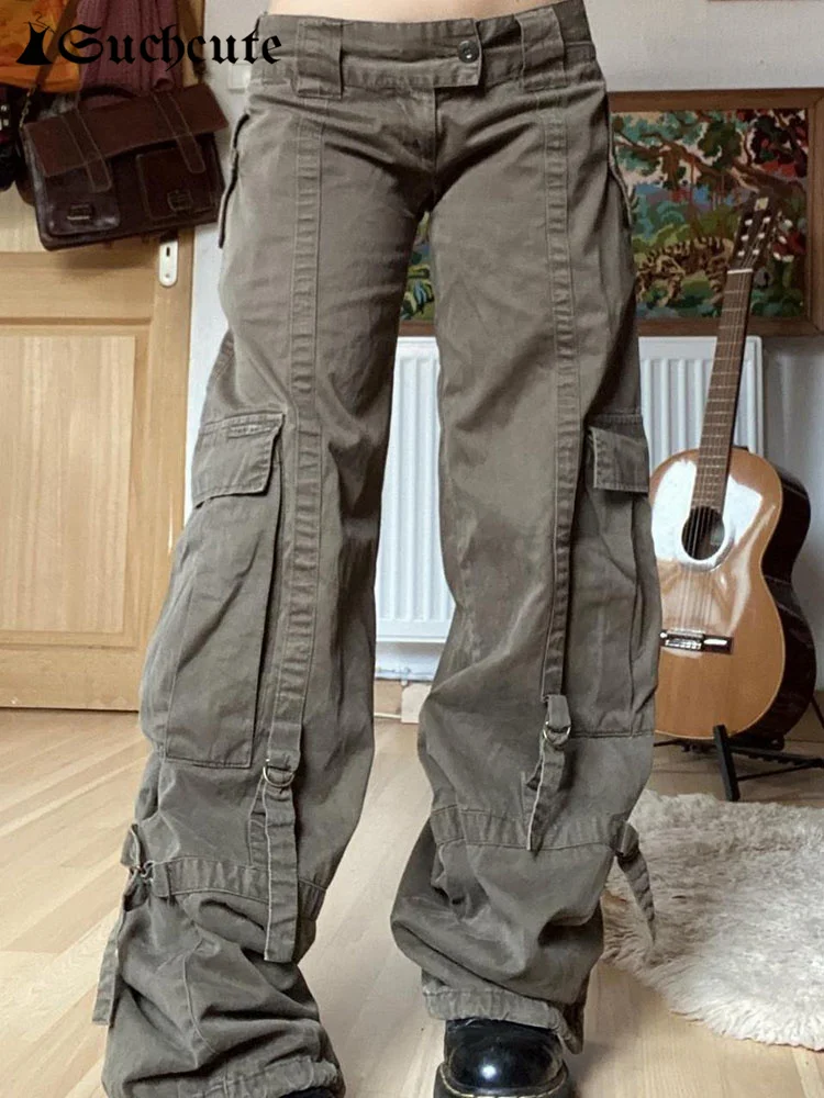 

SUCHCUTE Streetwear Solid Women Cargo Jeans High Waist American Retro Denim Trousers Harajuku Baggy 90s Straight Pants Cotton