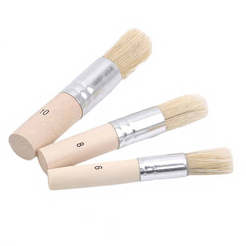 

3Pcs Wooden Stencil Brush Chalk Paint Pure Hog Bristle Brush Round Acrylic Watercolor Oil Painting Detail Crafts Brushes