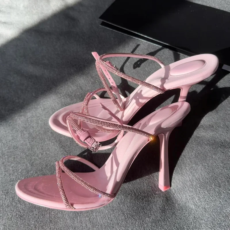 Women's Sandals 2023 Summer New Round Toe High Heel Party Fashion Rhinestone Sexy Mother Button Slim Heel Open Toe Roman Sandals