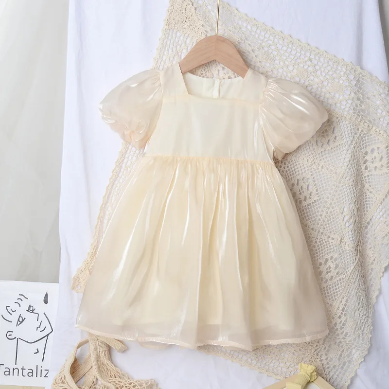 

Girls New Bow Dress Kids Summer Palace Style Puff Sleeve Mesh Square Collar Children's Clothing Spring Cute Princess Dress 2022