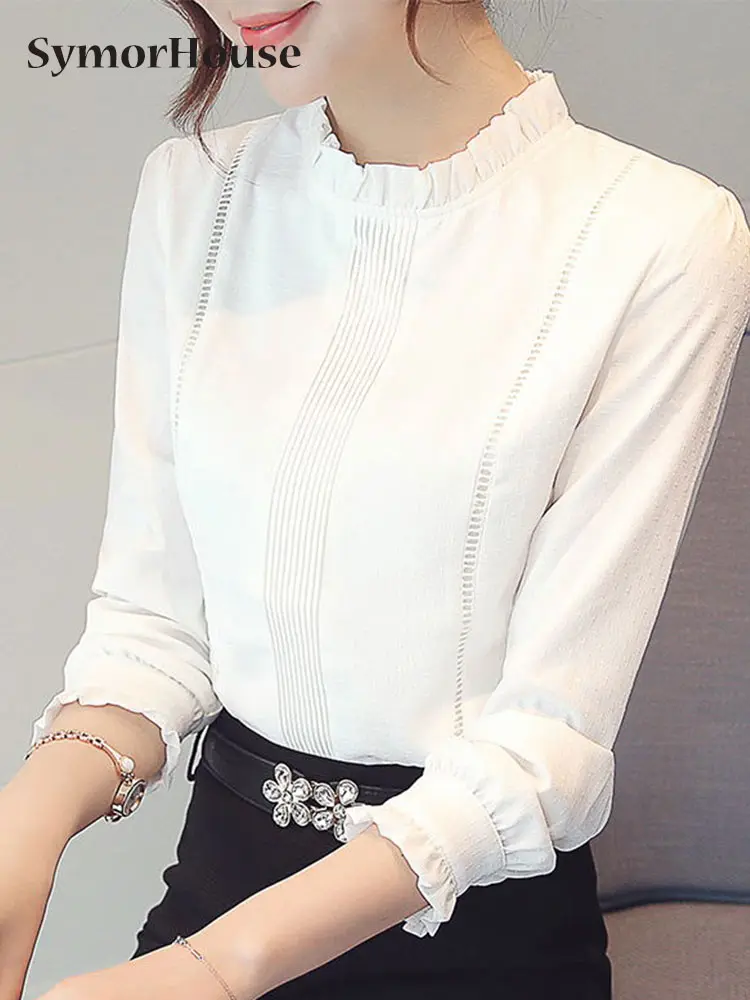 Women Shirts Long Sleeve Solid White Chiffon Office Blouse Women Clothes Womens Stand Tops And Blouses Blusas Mujer 2021