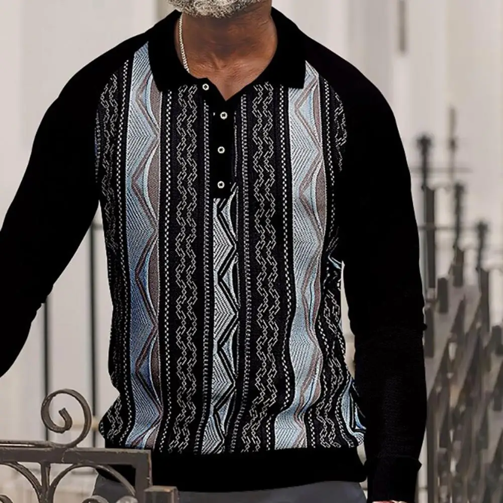 Футболка-поло мужская с винтажным рисунком приталенный пуловер длинным рукавом