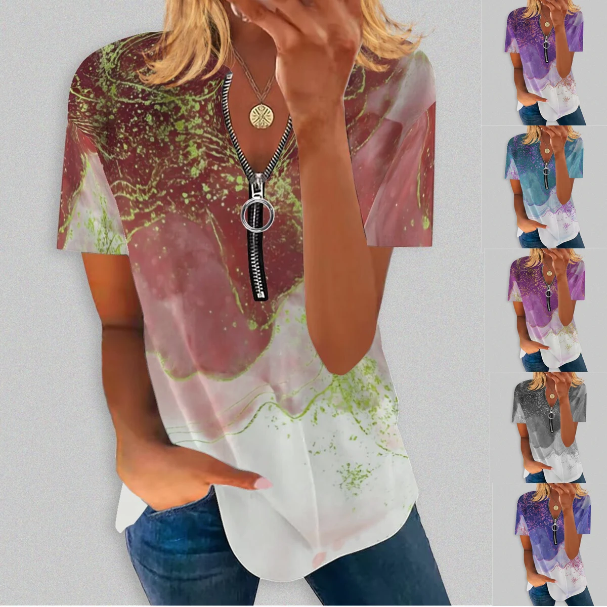 

2023 Summer New Fashion Women's Short Sleeve Top Printed V-neck Zipper Casual Plus Size S-3XL
