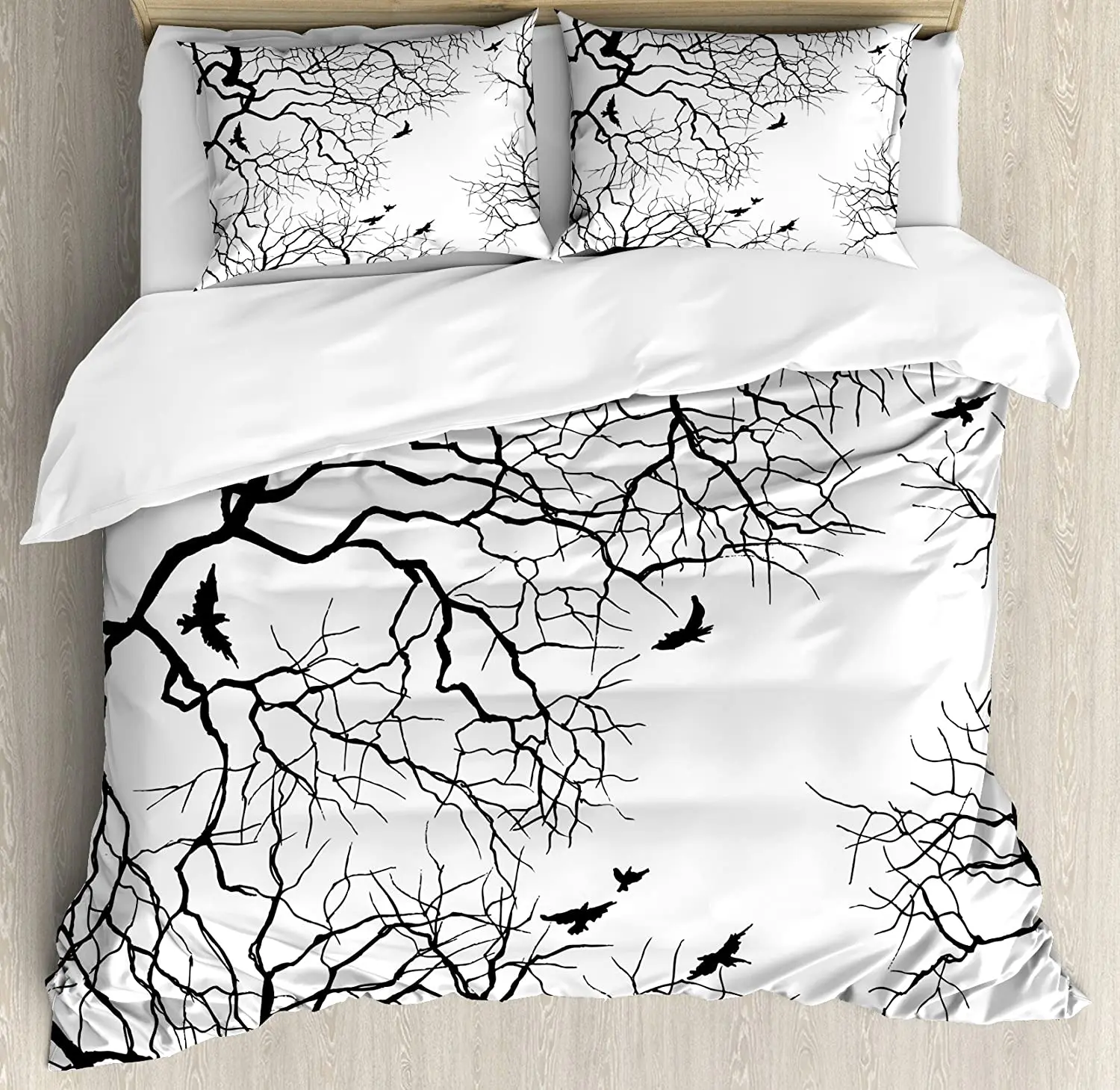 

Nature Decor Double Bed Duvet Cover Set Birds Flying over Twiggy Tree Branches Stylish Autumn Season Sky View Art Bedding Set
