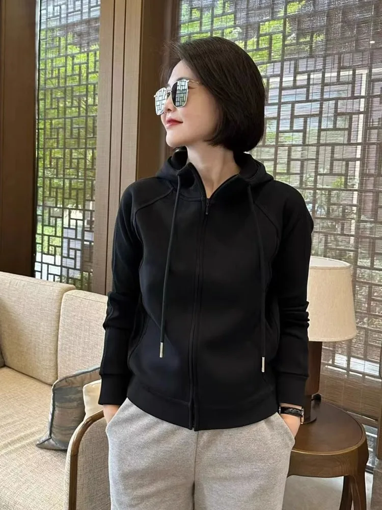 Фото Leisure Zipper Hooded Sweatshirt For Women Spring Autumn Raglan Sleeve Solid Color Cardigan 2025 New Outerwear Tops №2