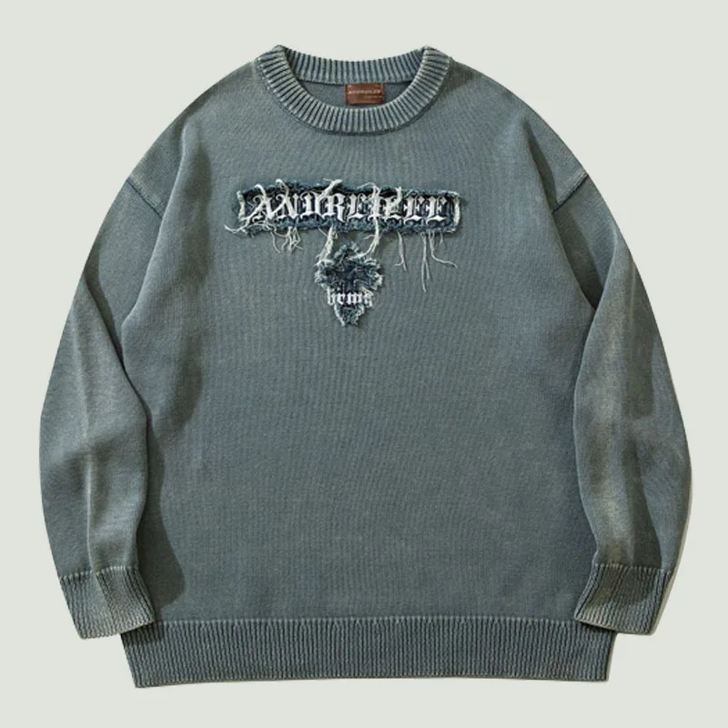 Distressed Knitted Sweaters Mens Harajuku Letter Graphic Embroidery Jumpers Oversized Casual Gothic Pullover Unisex Streetwear