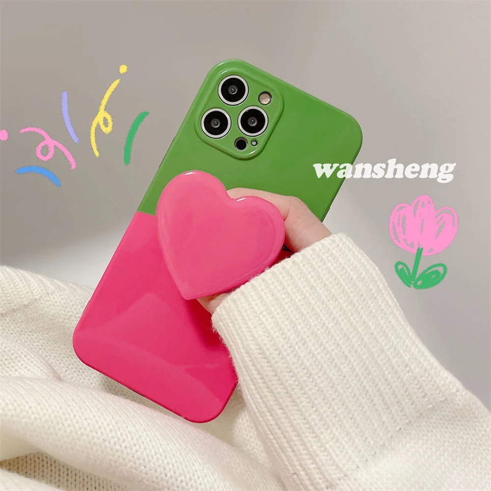 

Cute 3D Love Heart Bracket Case For iPhone 13 12 11 Pro Max X XR XS Max 7 8 Plus SE 2 Contrast Color Shockproof Soft TPU Cover