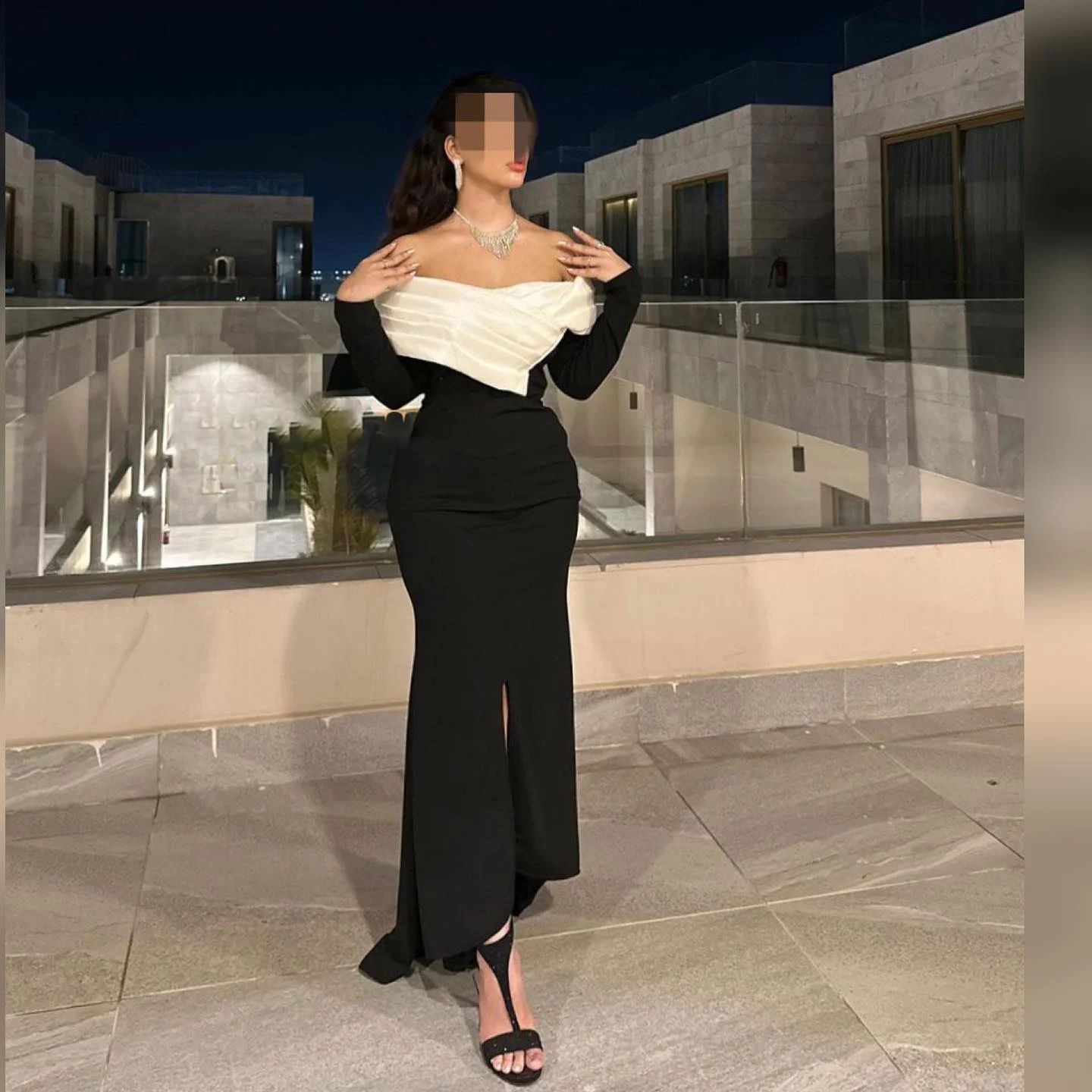 

OEING Off Shoulder Luxury Formal Evening Dresses Pleat Long Sleeves فساتين سهرة Ankle Length Elegant Prom Gowns Party Women