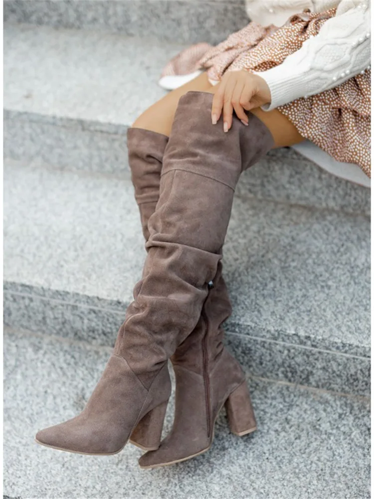 Women Boots Winter 2022 Designer Luxury Faux Suede High Heels Plus Size Women Shoes Elegant Pointed Lady Kover The Knee Boots
