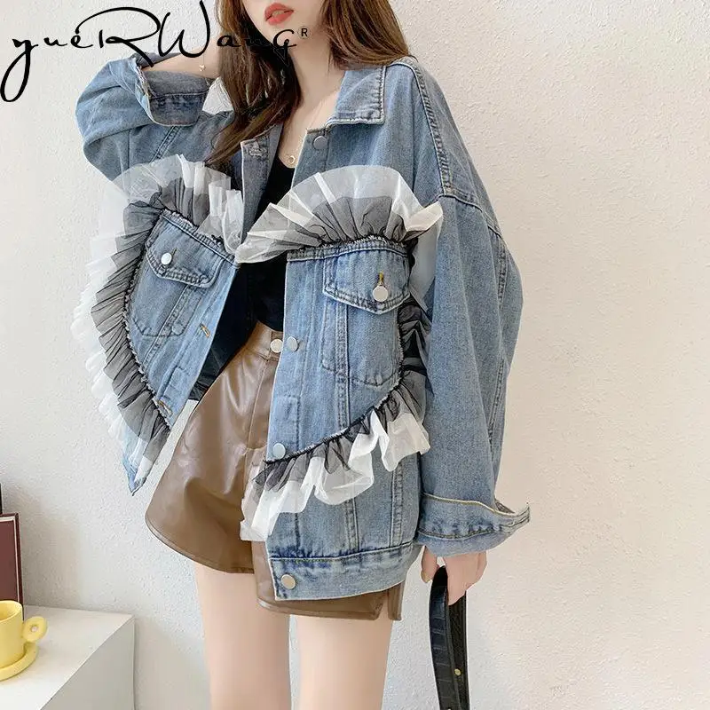 

YUERWANG Women Denim Coat Ruffles Mesh Stitched Jean Jacket Full Sleeve Single Breasted Ladies Denim Tops Fashion All Match 2022