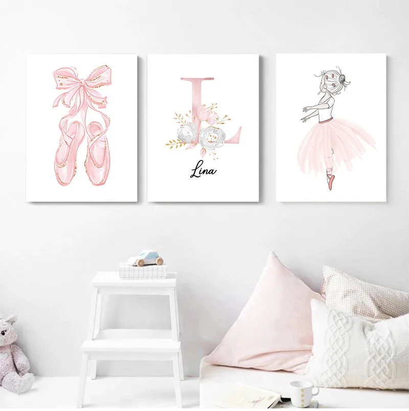 

Baby Nursery Ballet Girl Custom Name Wall Art Poster Toe Shoe Prints Pink Flower Canvas Painting Nordic Picture Kids Room Decor