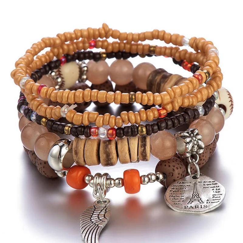 

Charmsmic Vintage Silver Eiffel Tower Charms Bracelets Green Natural Glass Beads Elastic Rope Handmade Ethnic Boho Jewelry