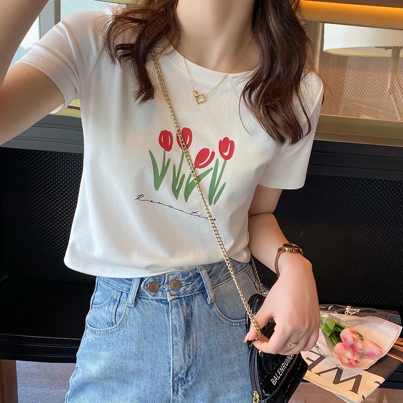 

Short T-shirt women's 2022 new summer white short sleeve cotton small slim pink shoulder top