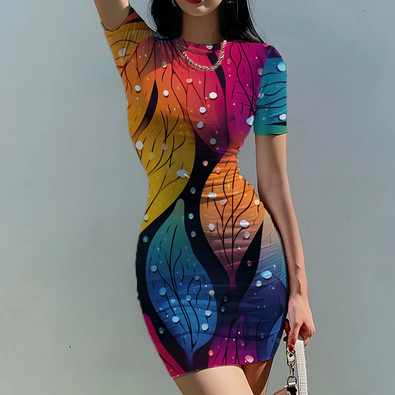 

Summer new lady slim dress color water drop 3D printed lady dress bright style ladies slim dress trend fashion ladies slim dress