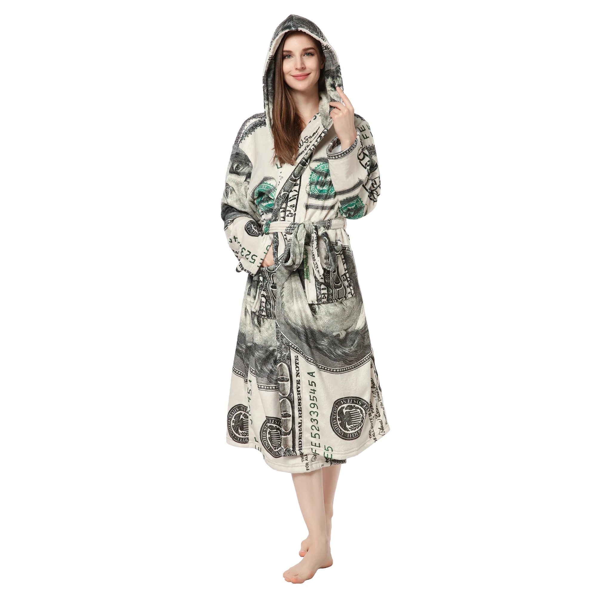 

New US Dollar Printed Bathrobe Europe and America Couple Hooded Pajamas Flannel Homewear Personalized Nightgown