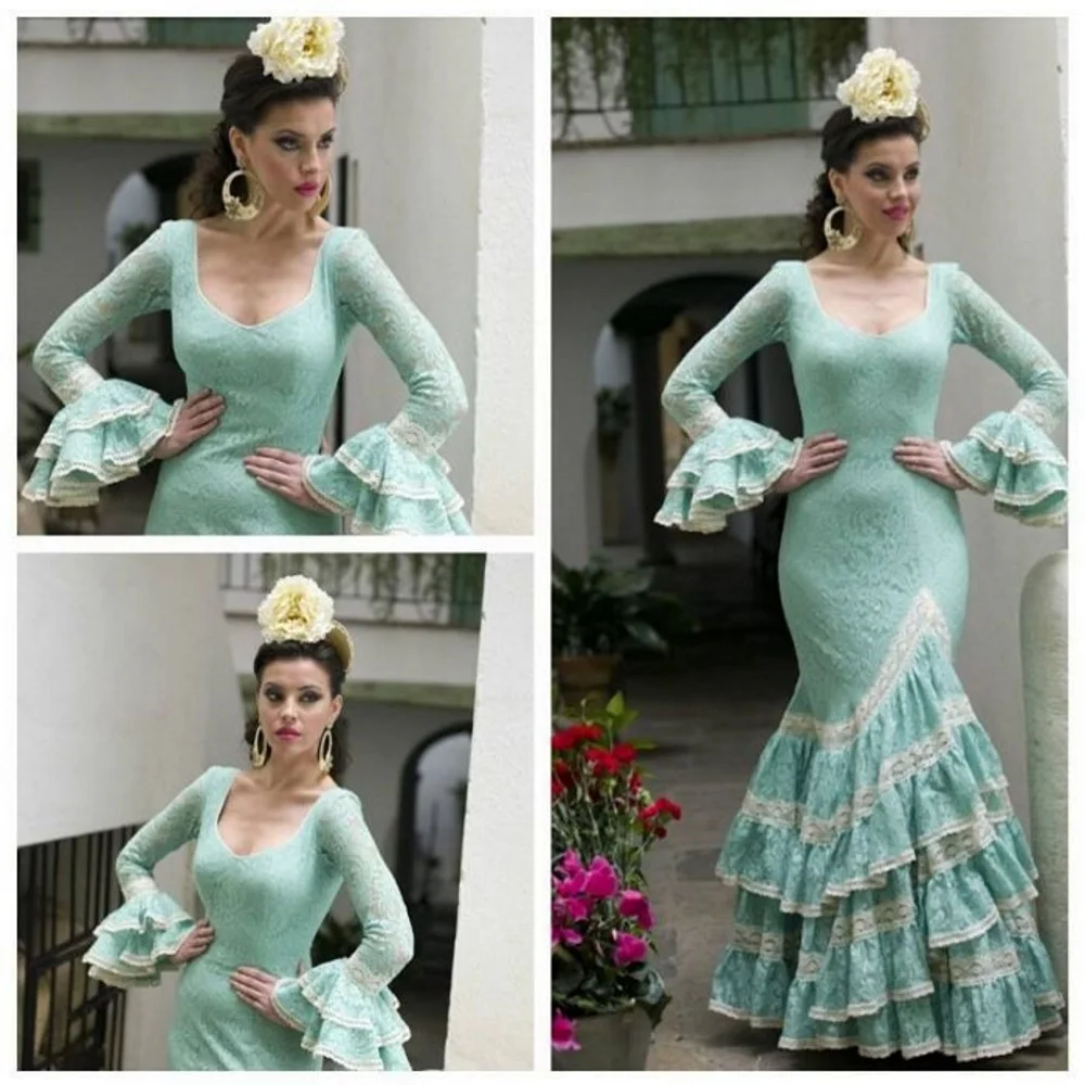 

Honeyed 2023Mint Green Mermaid Prom Occasion Dresses with Long Sleeve Ruffles Lace Trajes de Flamenca Dancing Spain Evening Gown