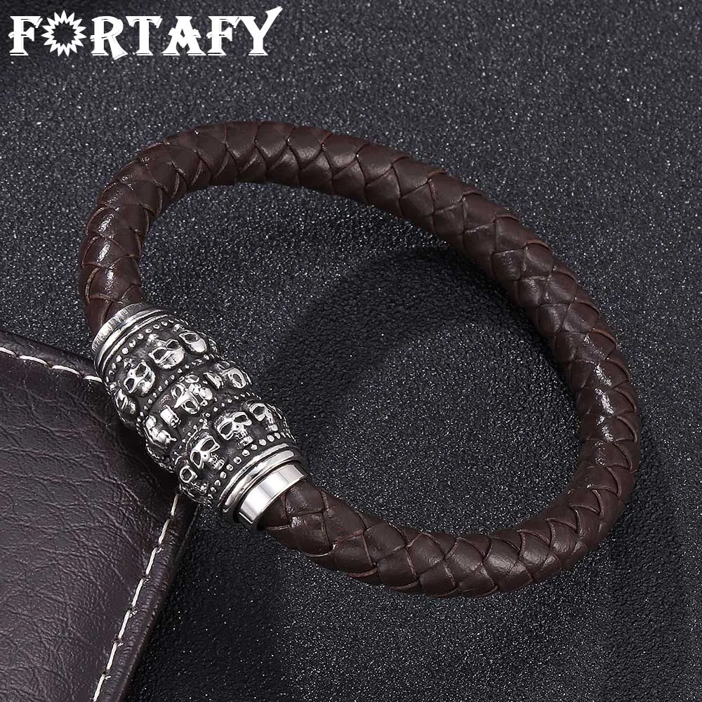 

FORTAFY Brown Braided Leather Skeleton Bracelet Punk Jewelry Men Retro Wristband Stainless Steel Magnetic Clasp Bangles FR0148