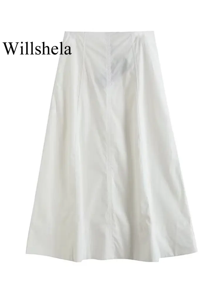 

Willshela Женская Модная хлопковая белая плиссированная юбка миди с боковой молнией винтажная Женская юбка с высокой талией