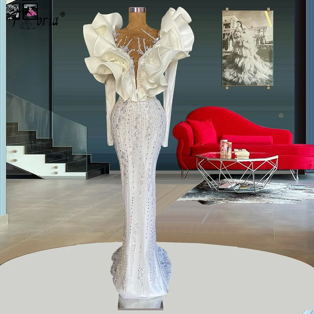 

Vintage White African Prom Dresses Beads Crystals V Neck Long Sleeves Mermaid Evening Dress Ruffles Party vestidos de fiesta