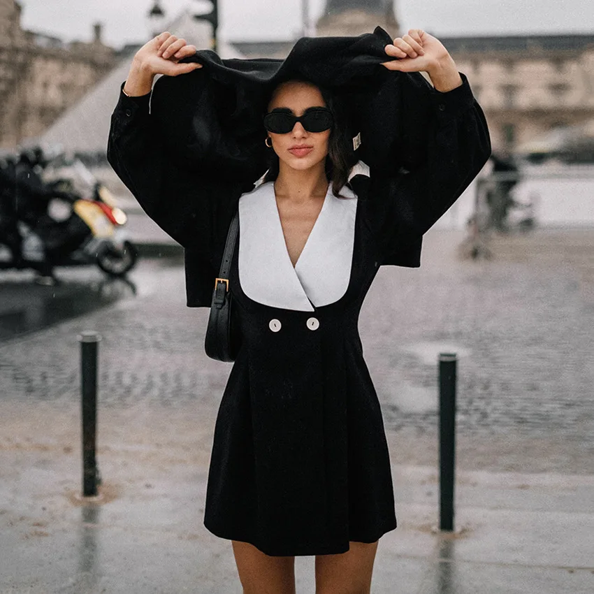 

2023 Spring New Locomotive Style Big Shawl Lapel Vestido For Women Outfit Black and White Dress French Style A-line Short Skirt