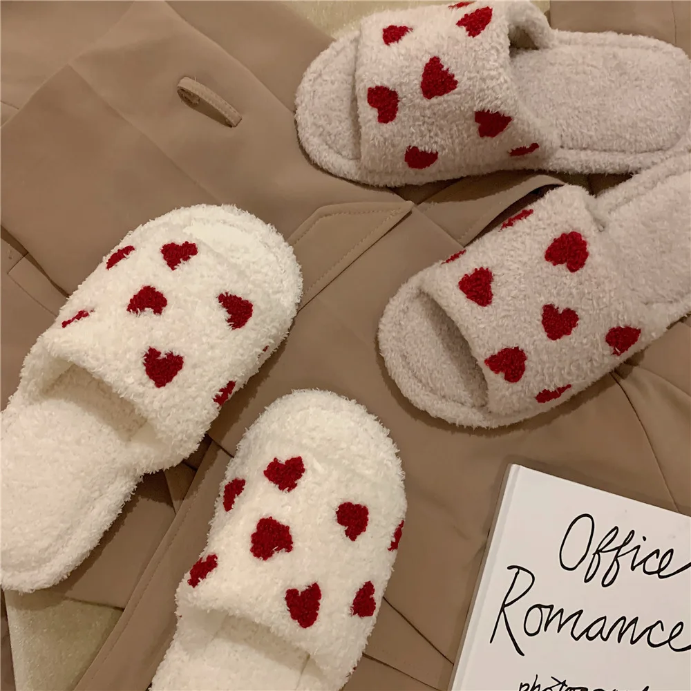 Winter New Fuzzy House Slippers for Women Girls Fur Slides Warm Women's Indoor Slippers Cute Heart Print Soft Bedroom Home Shoes images - 6