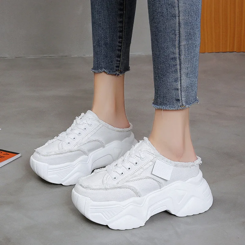 

Comem Lace Up Wedges Half Slipper Canvas Shoes Platform Comfort High Heels Woman Summer Slides Thick Bottom White Women Slippers