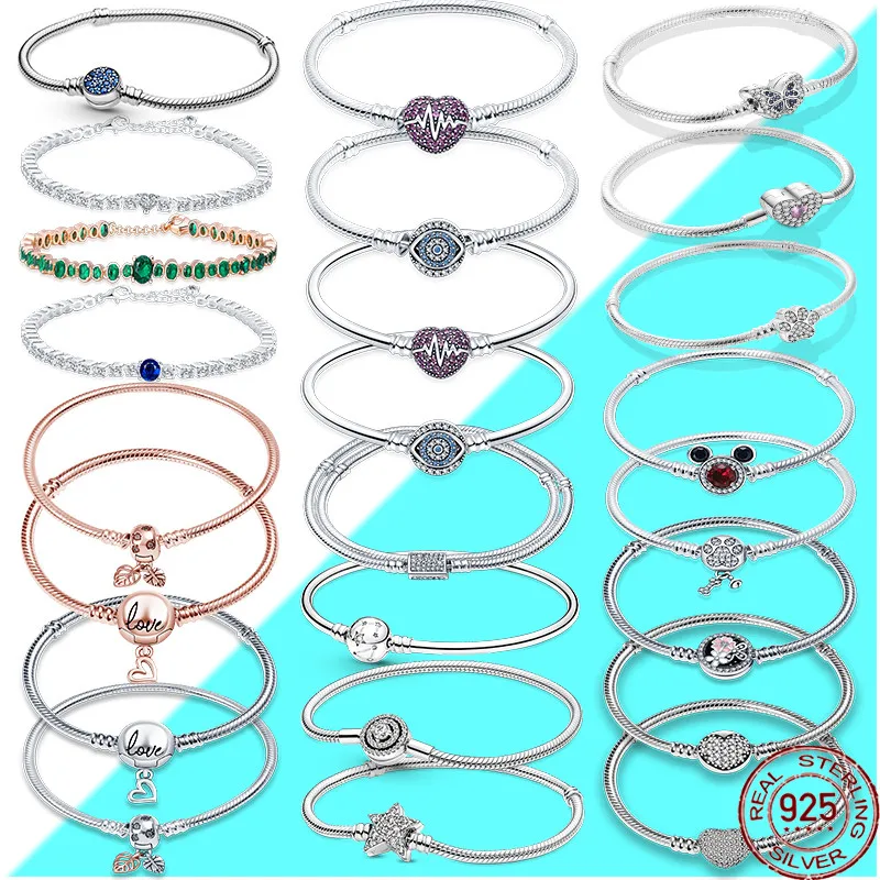 

925 Silver Womens Moments Heart Clasp Snake Chain Bracelet Collection Fit Pandora Original Charm Beads DIY Making For Women Gift