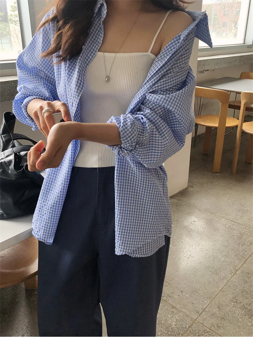 Рубашка женская Солнцезащитная в клетку с длинным рукавом стиле кэжуал