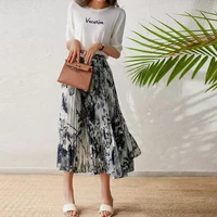 original chinese style ink painting elastic waist half length pleated skirt 2022 summer new womens clothing casual style