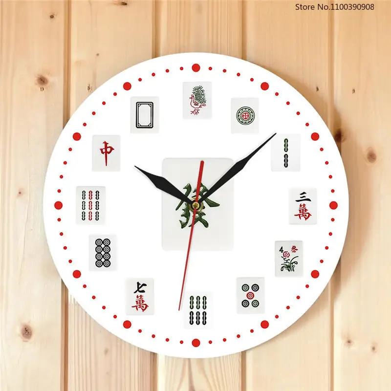 

Chinese Style Mahjong Art Wall Clock Round Single Side Mute Pointer Hanging Clock Battery Powered Plastic Clocks Home Decoration