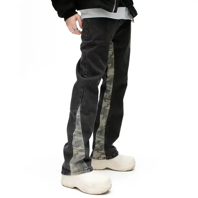 2023 Cool Design Camouflage Patchwork Straight Men Jeans Pants Y2K Clothes Hip Hop Washed Black Casual Long Trousers