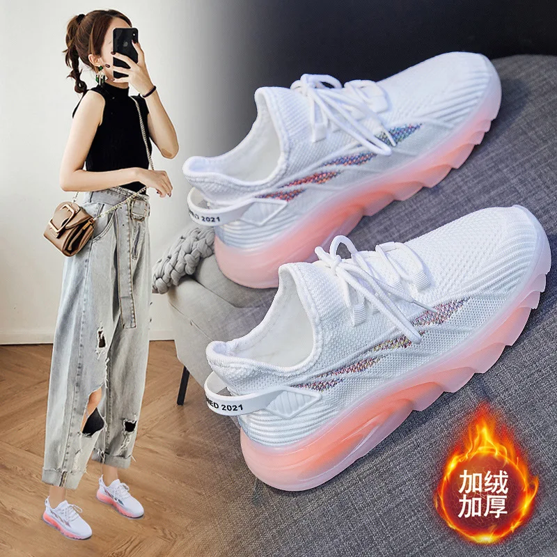 Plush flying woven women's shoes DesignColth Rubber Warm Breathable female Running shoes Lace-up Comfort Leisure Student shoes