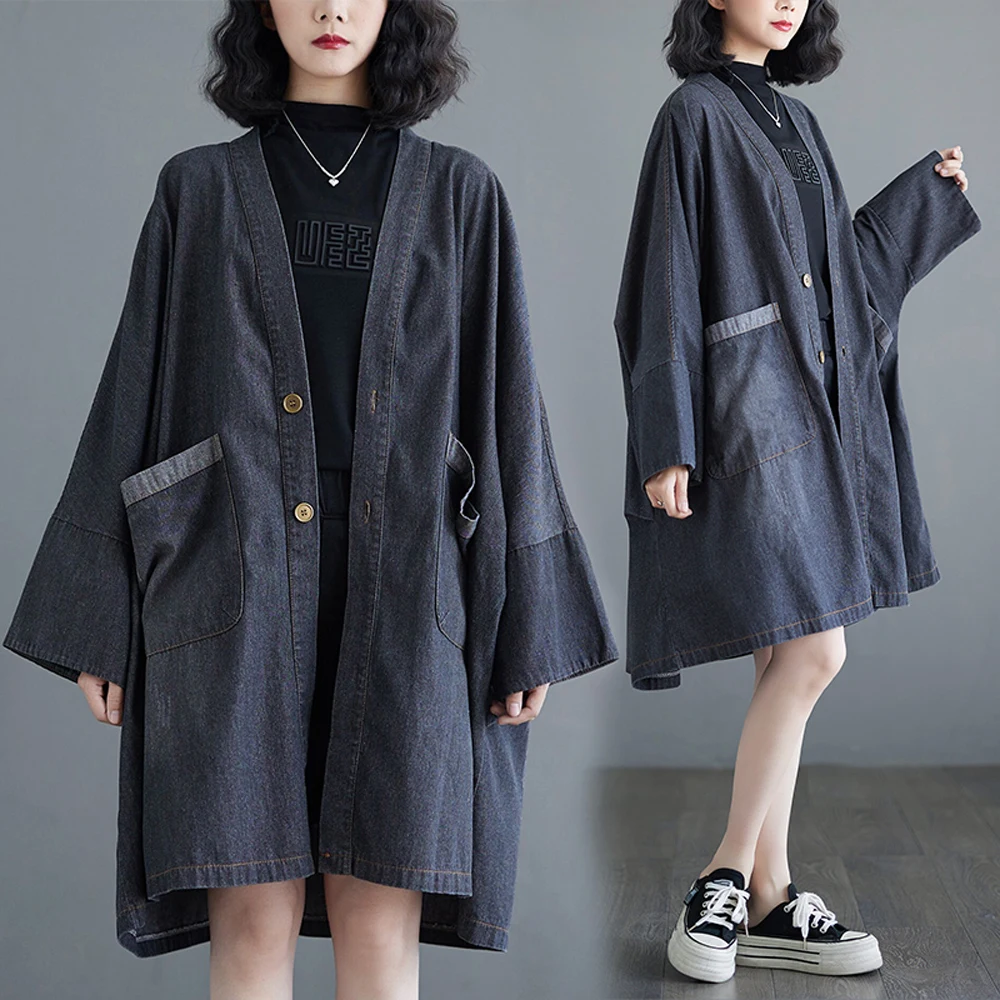 Женское джинсовое пальто с длинным рукавом свободного покроя