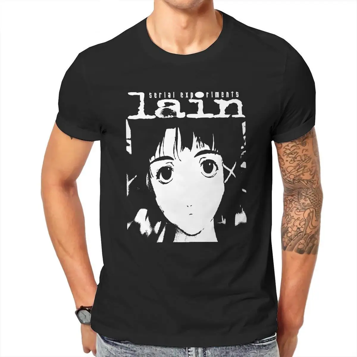 Men's T-Shirt Serial Experiments Lain Pure Cotton Tees Short Sleeve Ullzang Anime T Shirt Crewneck Clothing Birthday Gift