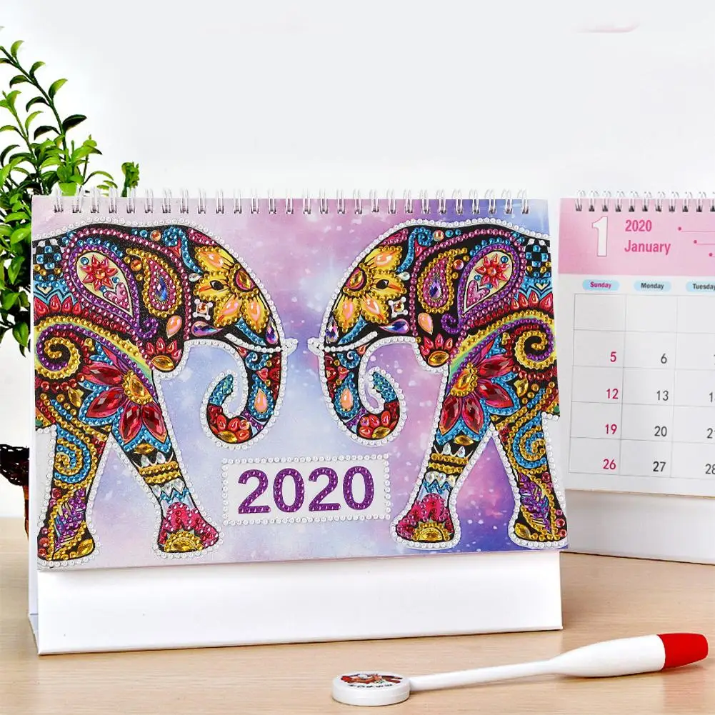 

DIY Diamond Mosaic Elephant Special Shape Diamond Mosaic Table Calendar Rhinestone Shining Drill Desktop Decoration