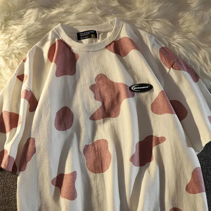 Женская футболка в стиле Харадзюку розовая с принтом молочного цвета и