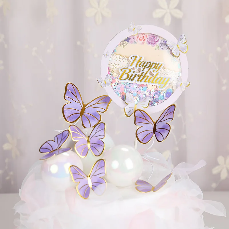 

Purple Butterfly Cake Sequins Decoration Happy Birthday Cake Decoration Topper for Wedding Birthday Party Baby Shower Supplies
