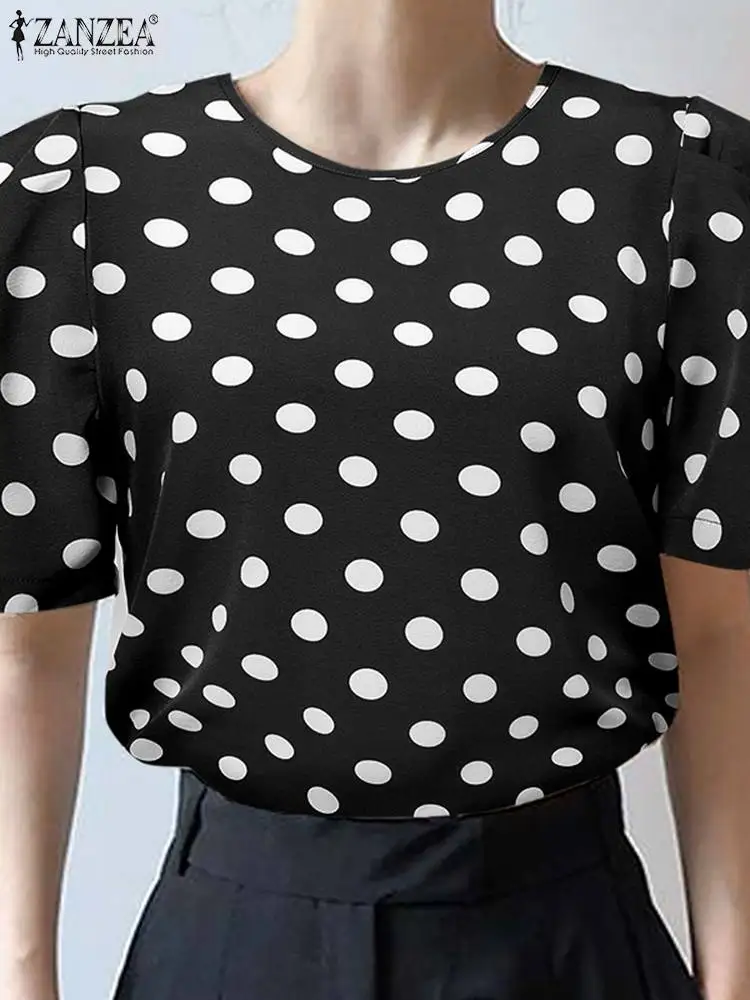 

ZANZEA Women Blouse Casual Loose Polka Dot Puff Short Sleeve Summer Tops Fashion Holiday Crewneck Shirt Oversized 2023 Blusas