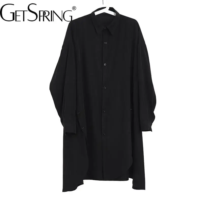 

Getspring Women Shirt Asymmetrical Long Sleeves Long Blouse Tops Irregular Black Loose Leisure Long Tops 2022 Fashion