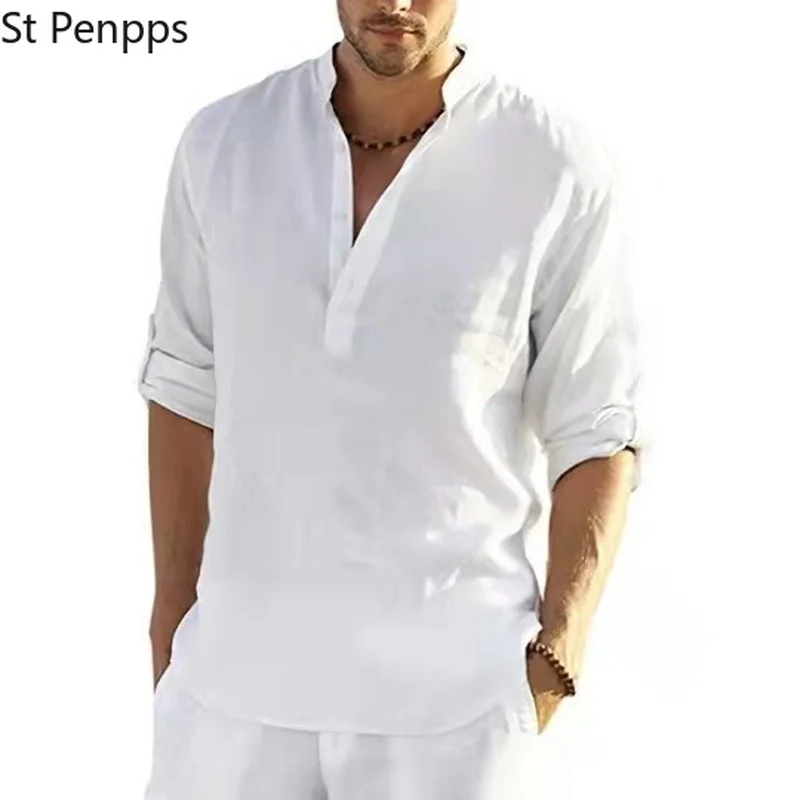 Новинка 2022 мужская повседневная блузка рубашка из хлопка и льна свободные топы