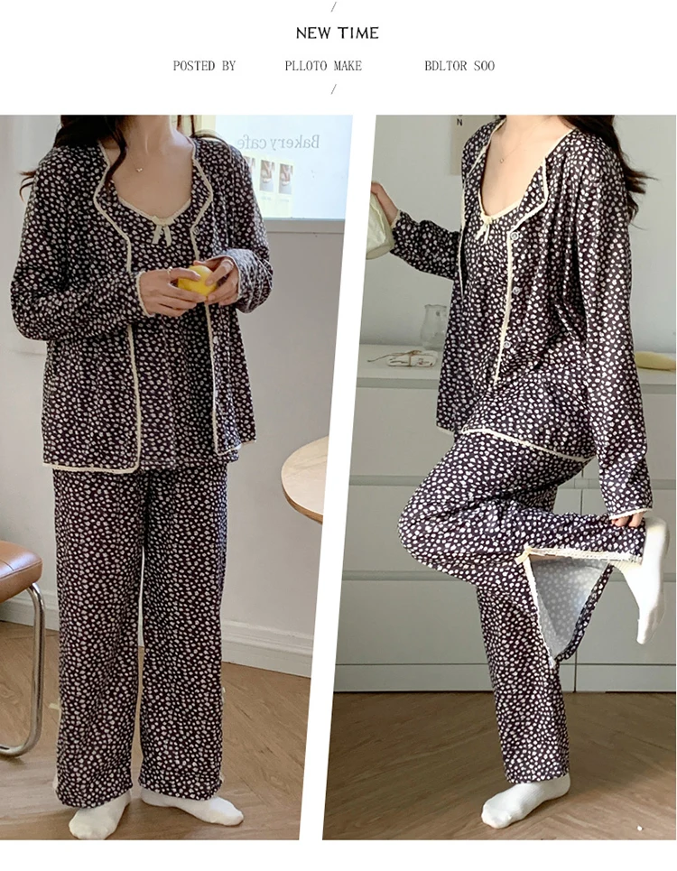 Women Pajamas Set Sling Cotton Pajamas 3 Peices Sleepwear for Women Long Sleeves Breathable Sexy Robe Homewear SexyTop Trousers