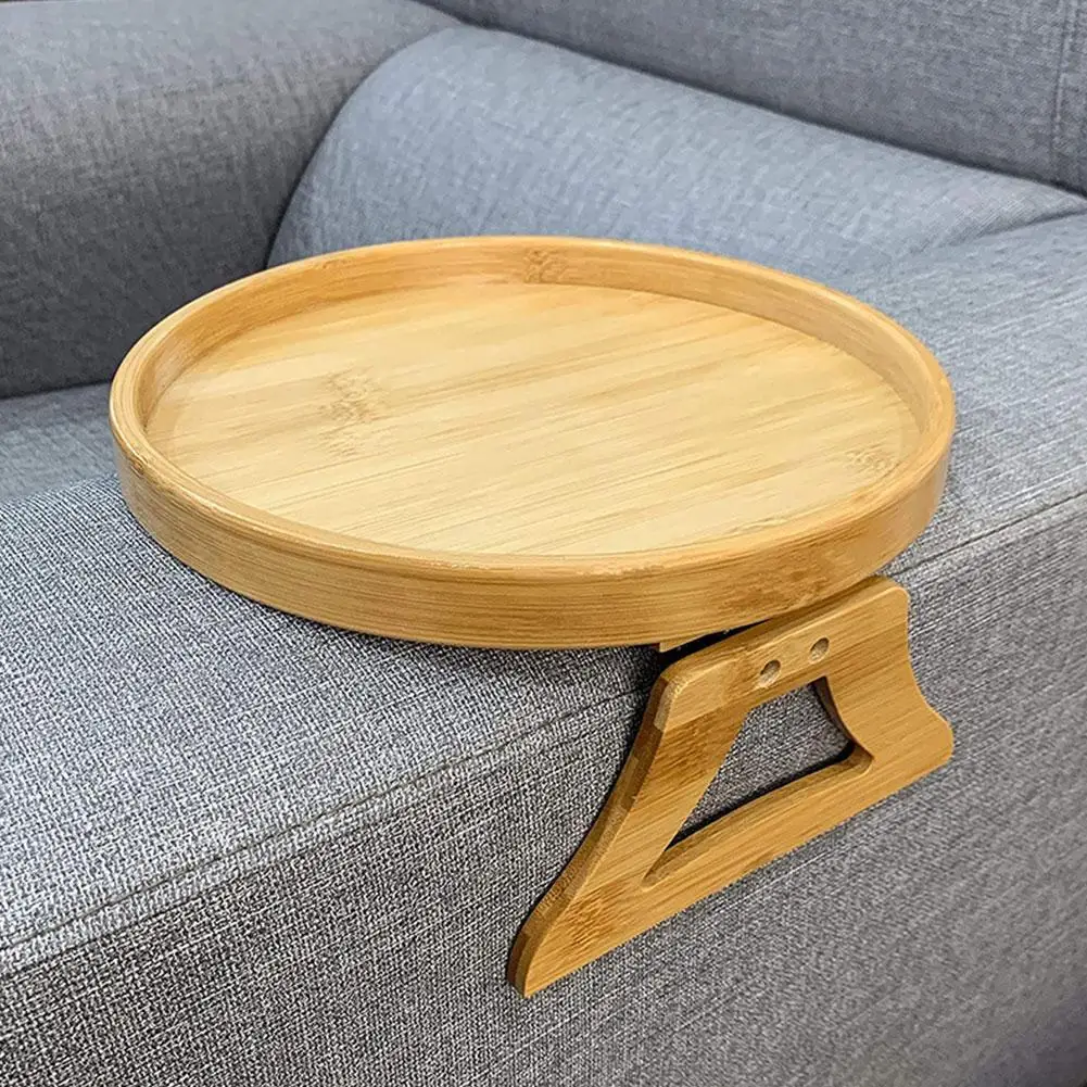 

Side Tables Natural Bamboo Sofa Armrest Clip-On Round Tray For Remote Drinks Cup Bowl Phone Wood Dessert Tea Holder