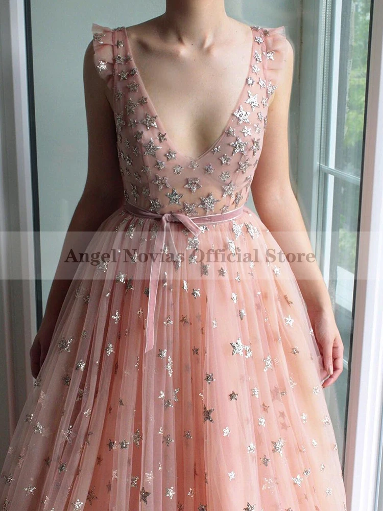 

ANGEL NOVIAS Long Floor Length Pink Lace Evening Dress 2023 Deep V Neckline Wedding Party Prom Dress Vestido Largo Noche