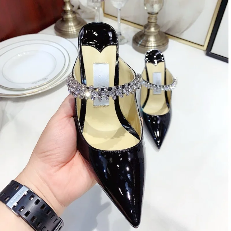 2023 Summer New High Heel Flat Heel Pointed Slim Fit Women's Rhinestone Lacquer Leather Women's Sandals and Slippers