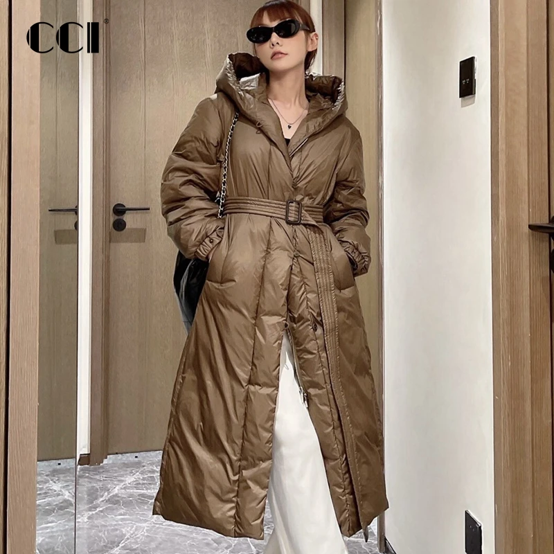 

CCI Winter Female Long Fluffy Puffer Coat Women Hooded Parkas Fashion Slim Duck Down Jacket With Belt Thick Snow Outwear YJ113C