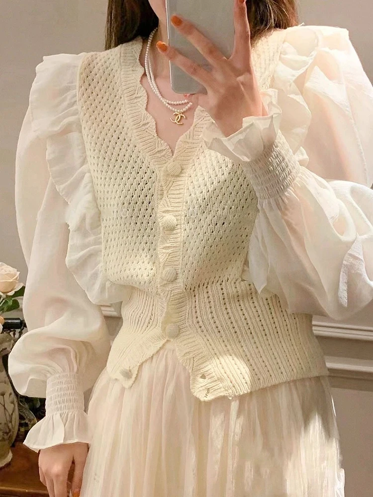 

GypsyLady Elegant Chic Ruffles Blouse Shirt Beige Autumn Spring Women Blouse Long Sleeve Knitted Hollow Out Party Lady Top Shirt