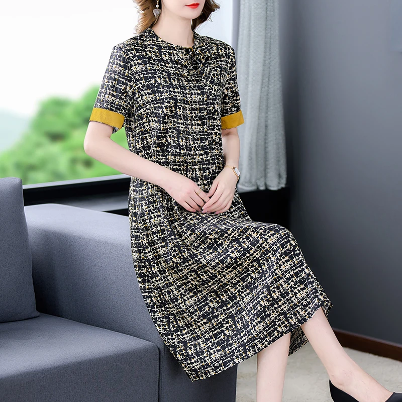 

2023 Fashion Silk Printed Dress Women's Summer New Round Neck Short Sleeve Loose Fit Casual Holiday Party Dress Vestidos