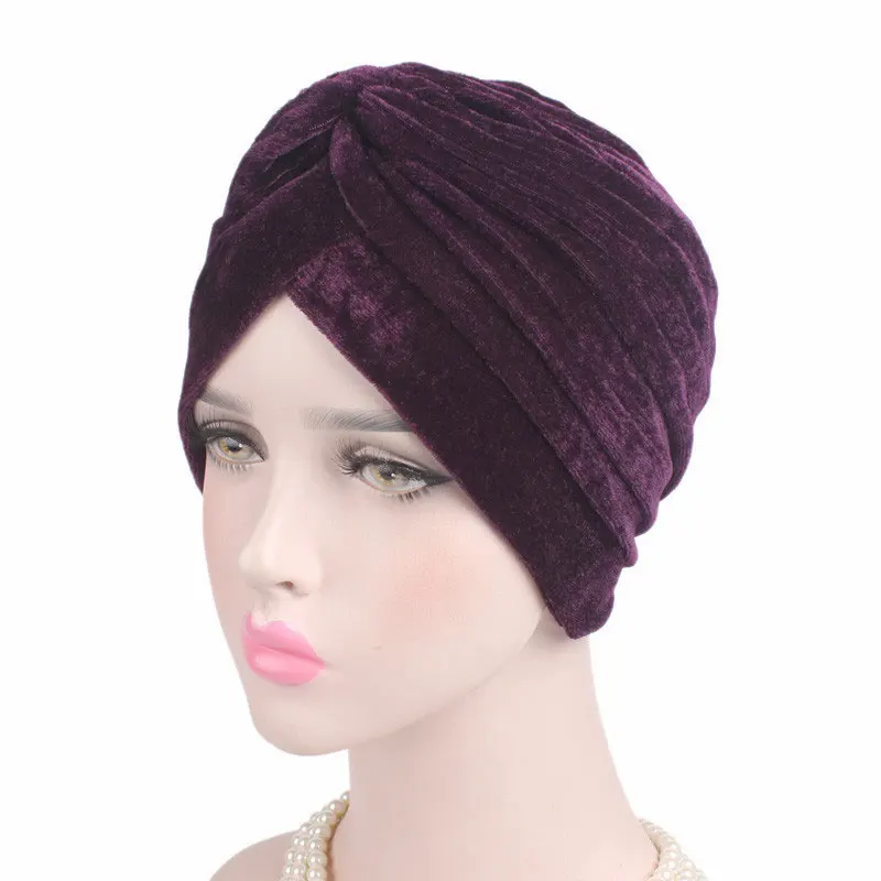 Women Solid Color Knot Velvet Twist Turban Headbands Cap Autumn Winter Warm Headwear Casual Streetwear Female Muslim Indian Hats images - 6